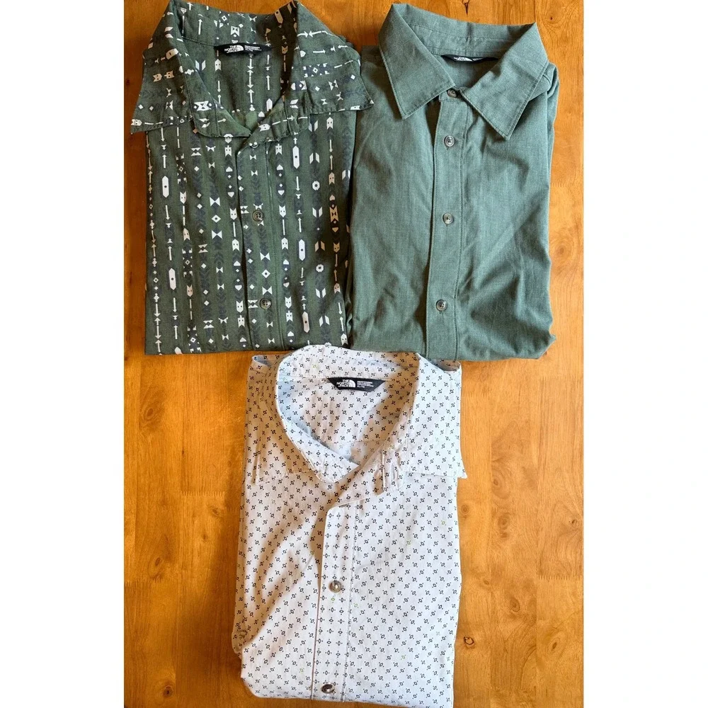 Lot of 3 The North Face Mens XL Short Sleeve Button Down Shirts Green White 485